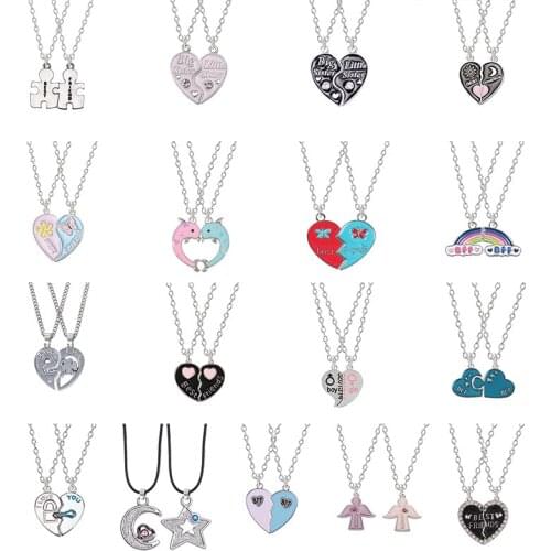 Unisex 2 Pcs BFF Necklace Womens Heart Pendant Best Friend Letter Necklace Fashion Couple Chain Necklace Men Friendship Jewelry