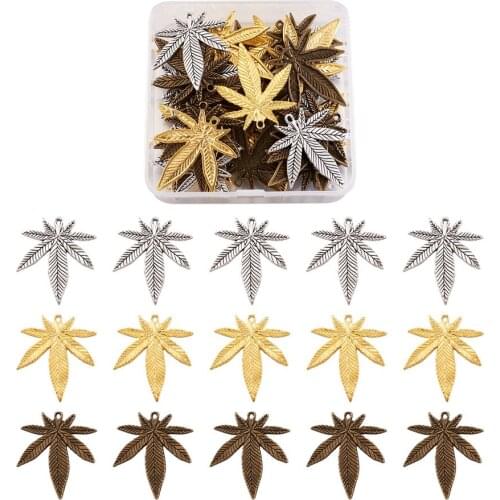 Pandahall Tibetan Style Alloy Pendants Pot Leaf Hemp Leaf Shape Mixed 3 Color, 36pcs/box