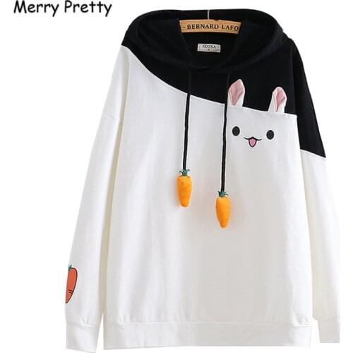 Merry Pretty Women Hoodies Animal Lovely Pullover Kawaii Rabbit Sweatshirt Cute Bunny Graphic Outerwear Pink Black Hoodie Girls