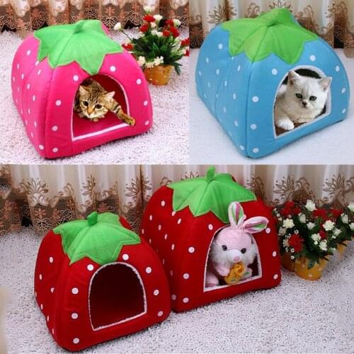 Colorful Foldable Strawberry House Pet Cat Dog Bed Dog Kennel Warm Cushion Sponge Pet House Dog Nest Dog Mat