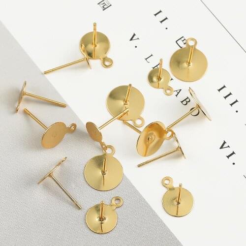 18K Gold 6 8 10mm 10Pcs Copper Metal Blank Post Earring Studs Base Pins With Earring Plug Findings Ear Back For DIY Jewelry