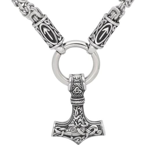 Nordic viking rune with thor hammer pendant necklace stainless steel -king chain with valknut gift bag