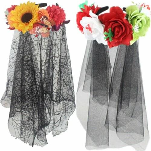 Adult Scary Day of the Dead Rose Flower Sugar Skull Headband Halloween Accessory