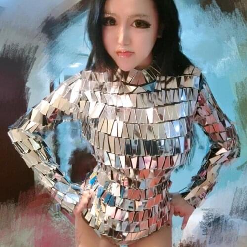 High Quality Jazz Dance Tops For Lady Sexy Shiny Mirror High Collar Elastic Women Bar Dj Dancers Female Singer Costume BD110