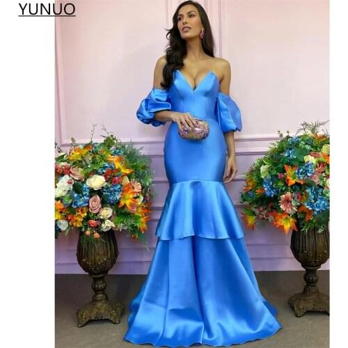 YUNUO Satin Mermaid Prom Evening Dress Sweetheart Tiered Skirt Long Party Gowns Formal Dress with Detachable Short Sleeves robes