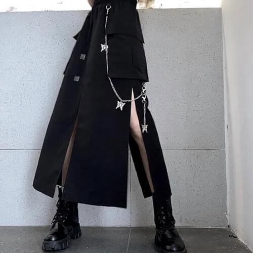 Emo Skirts Sets Gothic Punk Black Long Skirts with Chain Side Slit Streetwear Korean Harajuku High Street Shirt Retro Top E-girl