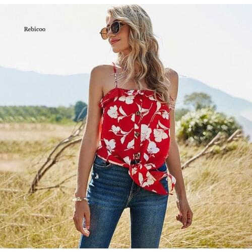 Women Holiday Style Floral Top Casual Spring Summer Sling Blouse Ladies Bandage Button Pullover Tops New