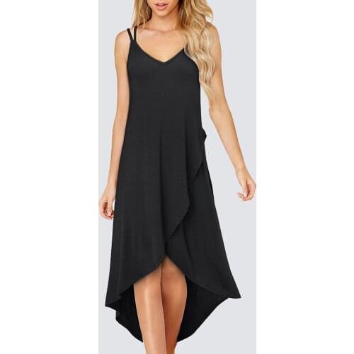 Women Summer Cool Casual V Neck Criss Cross Spaghetti Strap Irregular Hemline Flowy Midi Dress HA247
