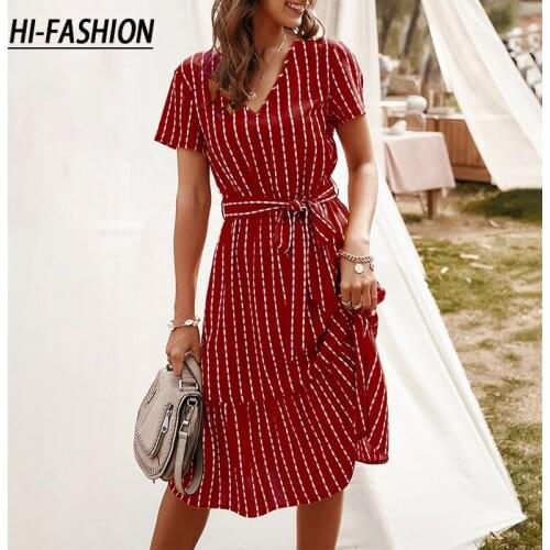 HI-FASHION Short Sleeve Office Midi Dress Fashion Lady A Line Dresses V Neck Casual Stripe Dress Bandage Sundress Vestidos Mujer