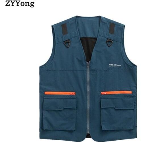 Men Vest Jackets Multi-Pocket Solid Color Fashion Hip Hop Loose Leisure Waistcoat Cool Clothing Outdoor Grey Blue Coat Set