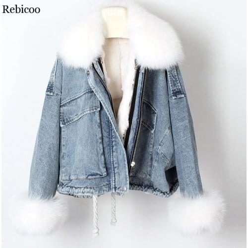 Winter Warm Lamb Faux Fur Collar Women Denim Jacket Coat Big Pocket Ladies Jackets Thick Loose Denim Coats For Woman 2020 New