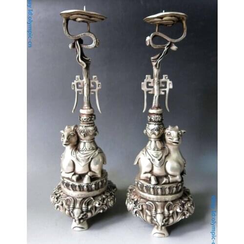 13" China silver fine Elephant Aquarius Candlestick Candle holder pair Statue