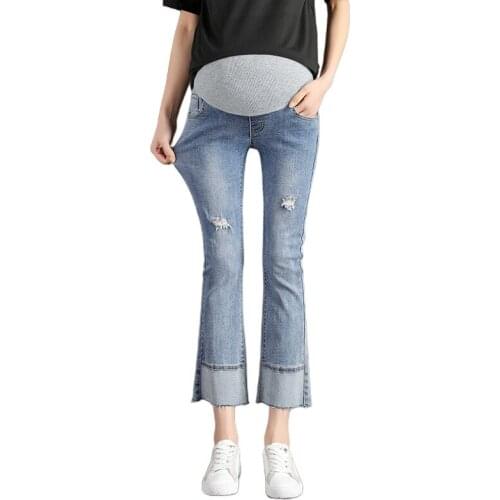 2020 Pregnant Women Elasticity wei la Jeans Trumpet Autumn and Winter New Style with Holes TOEFL Slimming Straight Capri Pants S
