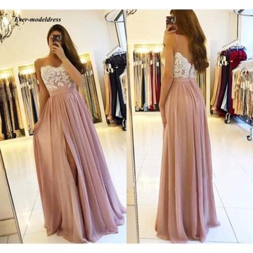 2021 Prom Dress Long Floor Length Appliques Side Split Spaghetti Straps Evening Dresses Formal Party Gowns Plus Size Customize