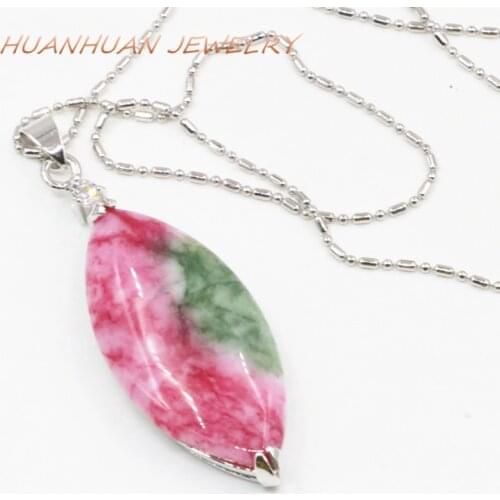 4 Colors Stone Pendant 18x48mm Stainless Steel Chain Marquise Shape Pendant For Women Natural Jades Chalcedony Diy Jewelry B3346