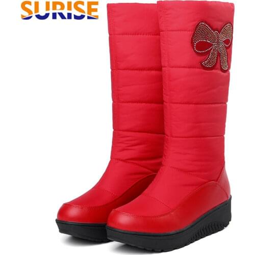 2021 Winter Women Down Snow Boots Round Toe Warm Plush Crystal Bowknot Lady Waterproof Wedge Platform Mid-calf Boots Big Size 44