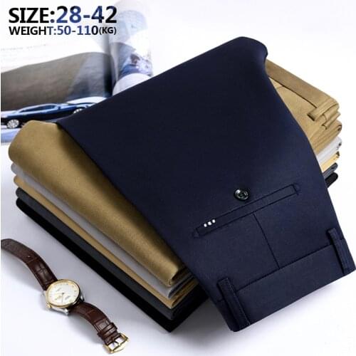 Summer Mens Stretch Straight Cotton Casual Pants Office Business Classic Brand Trousers Male Black Khaki Large Size 35 40 42