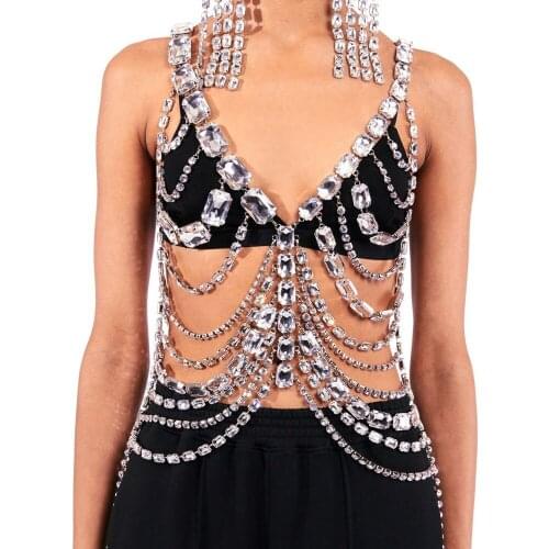 Luxury Crystal Big Square Body Breast Chest Chain Bra for Women Rhinestone Sexy Multi-layer Body Jewelry Bralette Vest Underwear