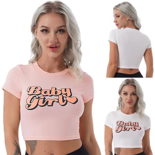 T Shirt Women Clothes Summer Fashion Cusual Sport Letter Print Ribbed Crop Top Round Neck Short Sleeve Cropped Dance Streetwear