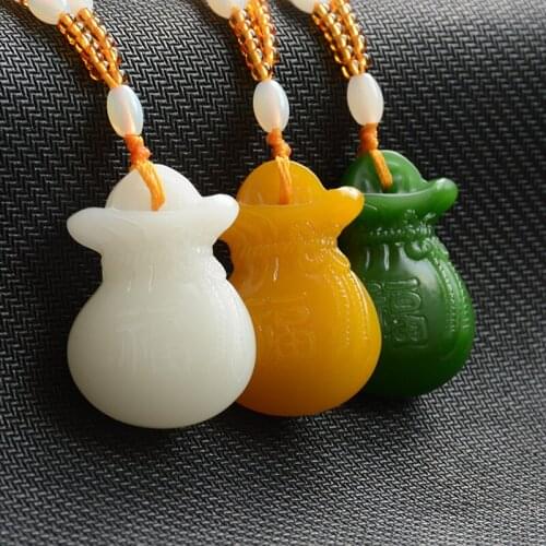Chinese Xinjiang Colorful Jade Purse Pendant Hand Carving Necklace Fashion Amulet Luck Gifts Men Woman Sweater Chain Free Rope