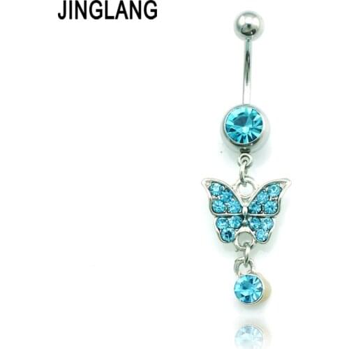 Fashion Belly Button Rings Stainless Steel Barbell Dangle 3 Color Rhinestone Butterfly Navel Body Piercing Jewelry