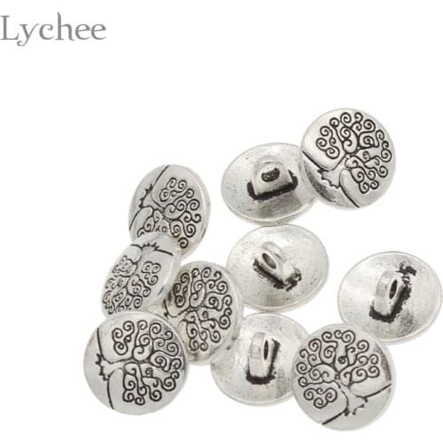 Lychee Life 10pcs Silver Metal Tree Carving Shank Buttons Round Carved Tree Jeans Button DIY Sewing Handmade Scrapbook Craft