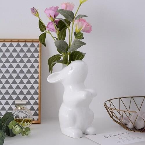 Brief modern art white rabbit ceramic small vase Abstract small animal decoration vases
