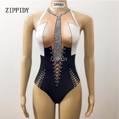 Fashion Sexy Rhinestones Tie Black Bodysuit Teacher Costume Stage Show Outfit Performance Jazz Dance Singer Stretch