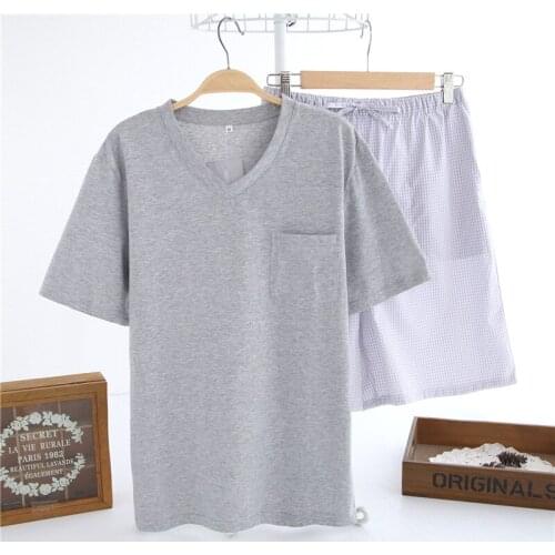 Mens Pajamas Suit Short-sleeved Cotton plaid Shorts V Neck Pyjama Summer Male Casual Home Clothes Lounge Sleepwear pijama hombre