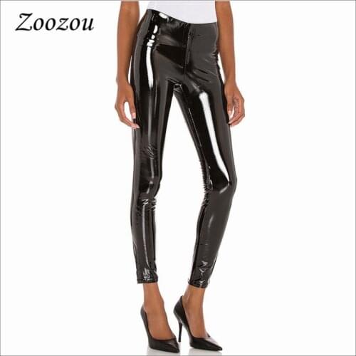 Bodycon Slim Latex Patent Leather Pants Women Back Zipper Skinny Warm Leggings Sexy Pu Faux Leather Ankle Length Pants Custom