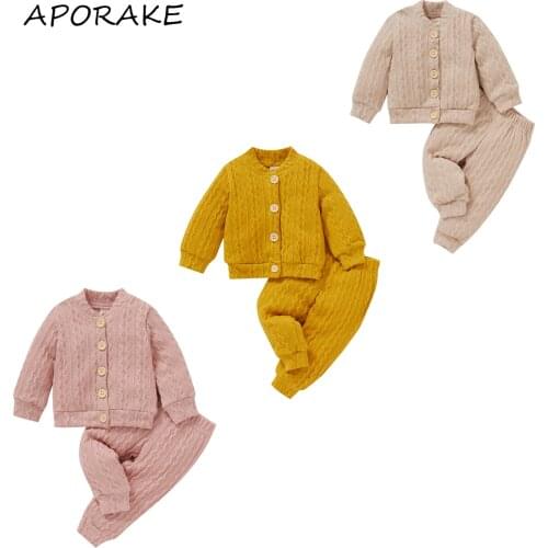 2021 3-24M Baby Girls Boy Clothes Set Twist Solid Color Button-down Knitted Cardigan and Pants Autumn Casual 2pcs Outifts