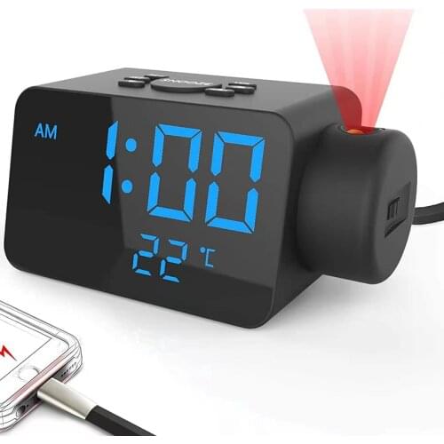 Projection Digital Alarm Clock for Ceiling, Wall, Bedroom, FM Radio, Large Number & Projector, USB Charger, Dual Alarms