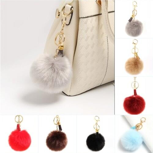 Furling Faux Rabbit Fur Fluffy Pompom Keychains with Colorful Key Rings Tassel Key Holder Soft Ball Bag Accessories