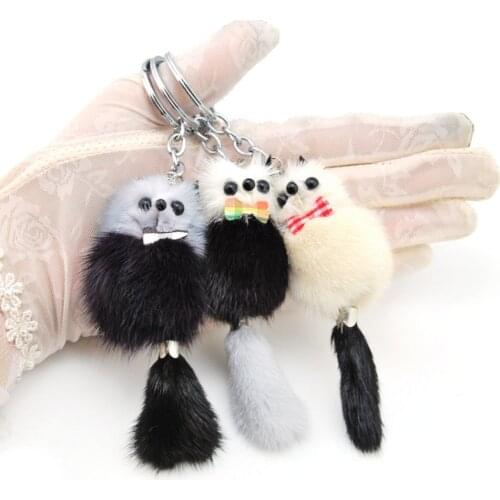 Original New Fluffy Genuine Mink Fur Bear Keychain Women Pompom Raccoon Key Chain Ring Doll Bag Charm Key Holder Trinket Gift