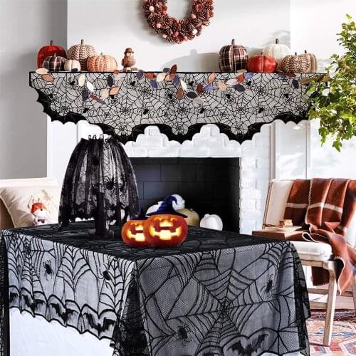 Black Spider Web Tablecloth Halloween Decoration for Home Fireplace Cover Cloth Witch Ghost Window Curtain Indoor Haloween Deco