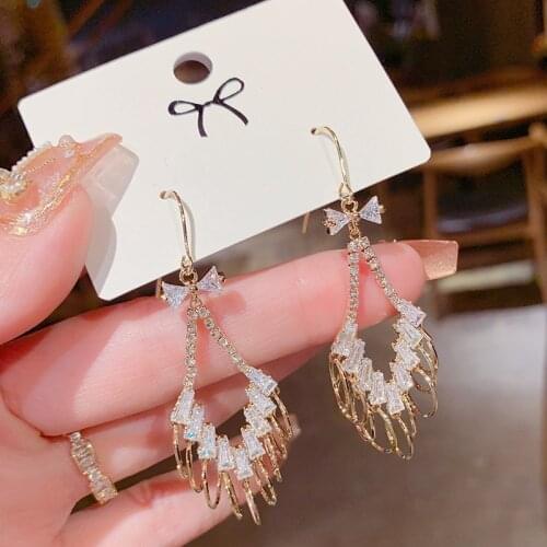 South Korea Dongdaemun diamond shaped micro-set zircon circle ear hook womens long tassel pendant 2021 new tidal earring