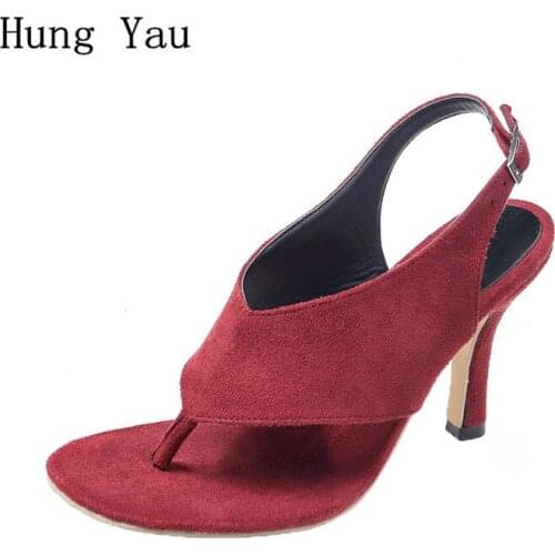 Woman Thong Sandals Shoes Summer Style Pumps High Fine Heels Flock Buckle Strap Gladiator Fashion Flip Flop Plus Size 35-42