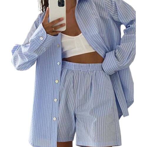 Women 2 Pieces Suit Set, Female Striped/ Plaid Turn-Down Collar Long Sleeve Shirt+ Short Pants for Spring Autumn