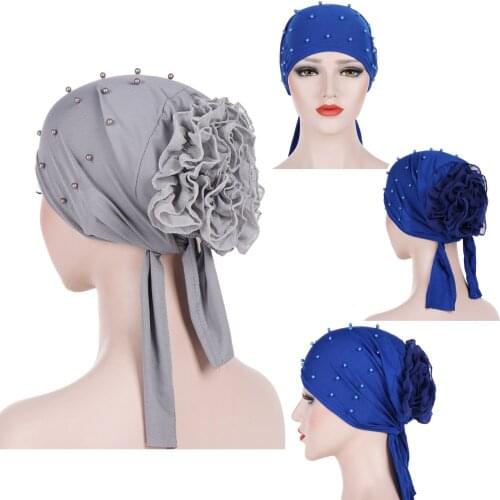 2021 Muslim Back Plate Flower Beaded Solid Color with Beads Headscarf Hat Muslim Baotou Duraghat for Women Hair Accessories
