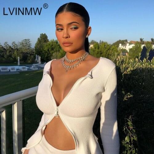 LVINMW Sexy knitted Zipper Patchwork Long Sleeve Cardigan 2019 Autumn Women Fashion Streetwear Slim T shirt Female Party Tops