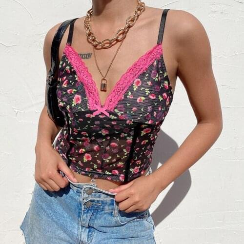 Womens Floral Suspender Vest Sexy Splicing See-Through Mesh Cami Tank Tops V-Neck Sleeveless Shirt with Lace Edge Summer Tops