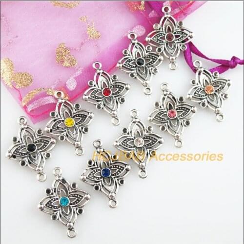 10Pcs Tibetan Silver Tone Retro Clover Mixed Crystal Charms Connectors 21x28mm