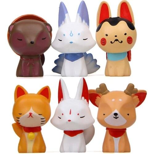 6PCS/Lots Japanese Cartoon Animals Nine Tails Fox Rabbit Cat Deer Figures Models Collection Blessing Dolls Gifts for Kids Toys