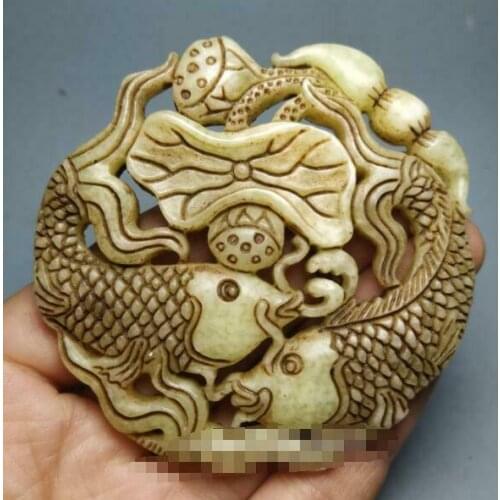 Antique Jade Collection Carp Lotus Jade Objects Pendant Amulet Chinese Fengshui