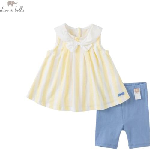 DBZ18156 dave bella summer baby girls cute bow striped print clothing sets kids girl fashion sleeveless sets children 2 pcs suit