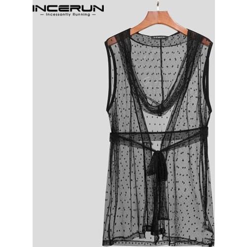 Men Mesh Robes See Through Hooded Sleeveless Sexy Homewear Bathrobes Open Stitch Comfy Mens Nightgown With Belt INCERUN S-5XL