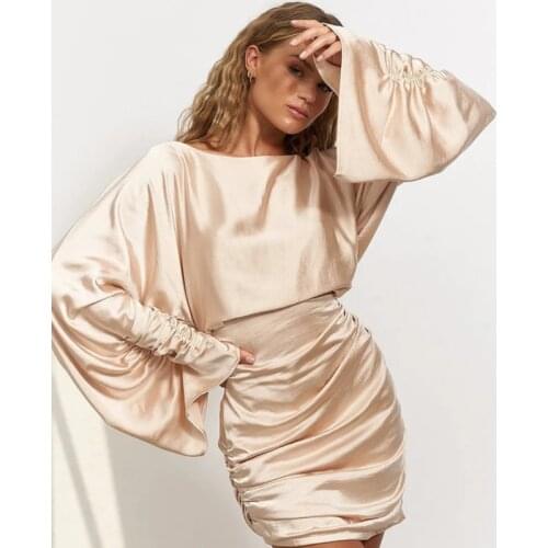 Batwing sleeve draped elegant satin dress Women autumn loose green party bodycon dresses Female sexy short club vestidos 2021