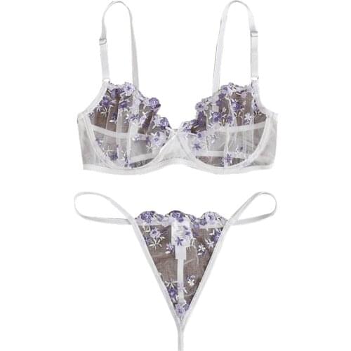 Women Sexy Mesh Lingerie Set, Floral Embroidery See Through Bra + Elastic Waist Panties for Summer 2021