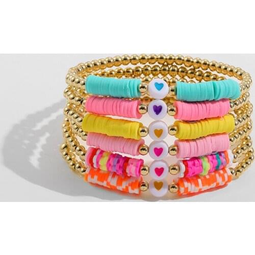 Fashion Handmade Soft Pottery Clay Heart Bracelets for Women Girls Multicolor Cute Gold Beaded Bracelets Boho Party Jewelry