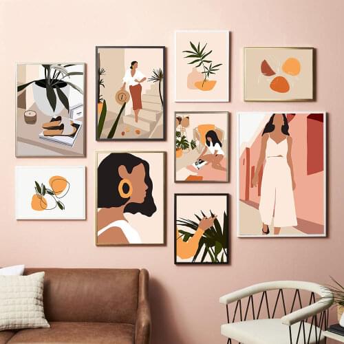 Fashion Girl Poster Peach Canvas Painting Plant Wall Art Print Bohemian Modern Picture For Living Room On The Wall Home Decor